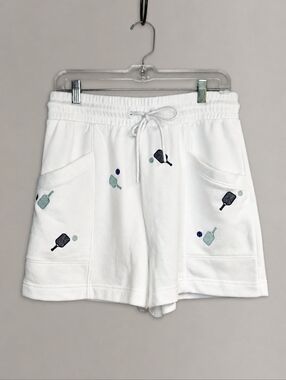 Lou & Grey Pickleball Embroidered White Athleisure French Terry Sporty Shorts
